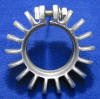 This is a close view photo of the commonly used finned exhaust nut that could be bolted on the plain exhaust nut ring of the BMW motorcycle model R50 and R60.  This made it look like a sport model.